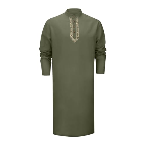 Mens Kaftan Thobe Side Split Linen Caftan Long Sleeve Button Down Henley Shirt Muslim Gown Casual Robe Kurta Tops - color: Green, size: Large