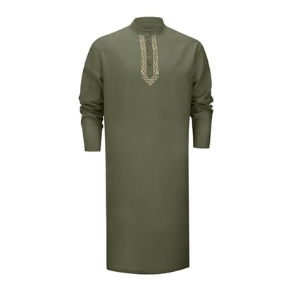 Mens Kaftan Thobe Side Split Linen Caftan Long Sleeve Button Down Henley Shirt Muslim Gown Casual Robe Kurta Tops - color: Green, size: Large