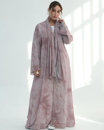 Modest Cardigan Set Women Muslim Dress with Soft Hijab Scarf Islamic Outfits Open Abaya For Eid, Ramadan, Umrah, Hajj - color: Taro, size: XL(58)