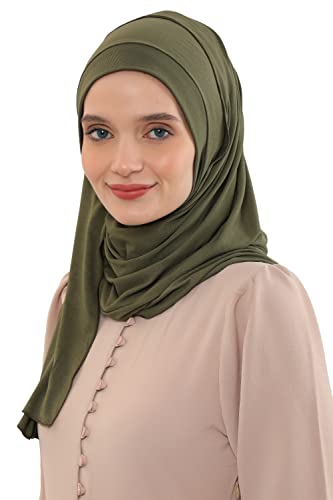 Aisha's Design Jersey Shawl for Women Instant 95% Cotton Modesty Turban Cap Hat Head Wrap Cotton Scarf - color: Army Green