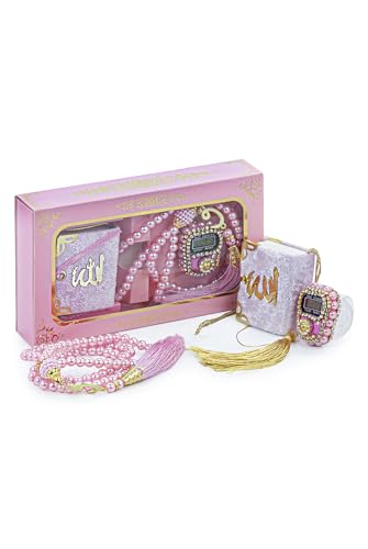 ihvan online Mini Velvet Quran Set with Islamic Finger Counter, Portable Digital Tasbeeh, Muslim Prayer Beads, Pearl Zikirmatic Beads, 3 Pieces Gift Set for Mevlüt (Pink) - color: Pink