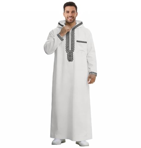 Men's Hooded Thobe - Traditional Embroidered Muslim Islamic Kaftan, Half-Zip Middle Eastern Arabic Robe - color: White, size: Large
