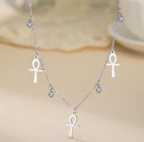 Ankh Cross Y Necklace Key of Life Eye of Horus Pendant Cartouche Long Chain Protection African Coptic Amulet Ancient Egyptian Religious Jewelry Gift for Women Men - color: Gemstone Ankh Cross silver