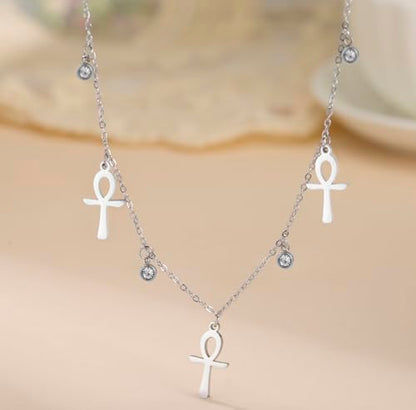 Ankh Cross Y Necklace Key of Life Eye of Horus Pendant Cartouche Long Chain Protection African Coptic Amulet Ancient Egyptian Religious Jewelry Gift for Women Men - color: Gemstone Ankh Cross silver