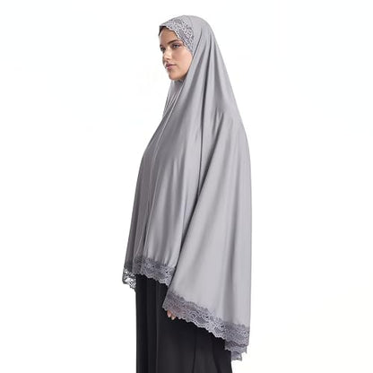 Prlemend 여성용 무슬림 히잡 두바이 실크 스카프 레이스 헤드 랩 스카프 단색 숄 | Milk Silk Fabric, Lace Edge - color: 회색., size: 라지