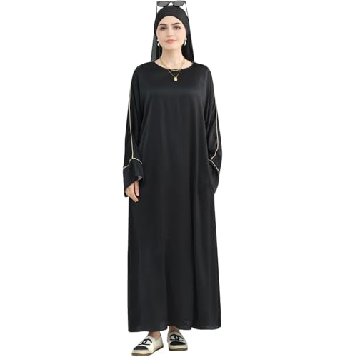 Muslim Praying Dress for Women Silk Glossy Back Zipper Robe Wear Gold Trim Modest Abaya Dress with Hijab - color: Black, size: Small