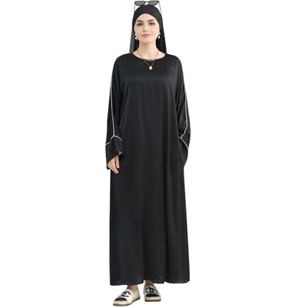 Muslim Praying Dress for Women Silk Glossy Back Zipper Robe Wear Gold Trim Modest Abaya Dress with Hijab - color: Black, size: X-Large