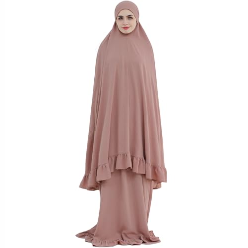 2PCS Women Muslim Prayer Abaya Dress Ruffle Trim Side Pockets with Khimar - color: Pink, size: Large