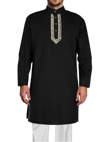 남성용 Kurta Kaftan 로브 - 라마단, 기도 및 일상용 긴소매 면 리넨 무슬림 헨리 셔츠 - color: 블랙., size: Large