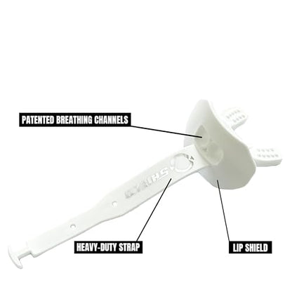 O Shield Striker Football Lip Guard with Permanent Strap | Football Lip Guard with Permanent Strap — Front Teeth, Lip, and Full Bite-Surface Coverage, No-Boil Ready Fit - color: White