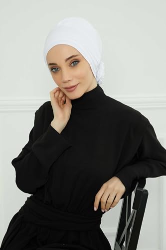 Aisha's Design Instant Turban Head Wraps for Women, Combed Cotton Scarf Lightweight Pre tied Hijab with Back Rose Detail - color: White