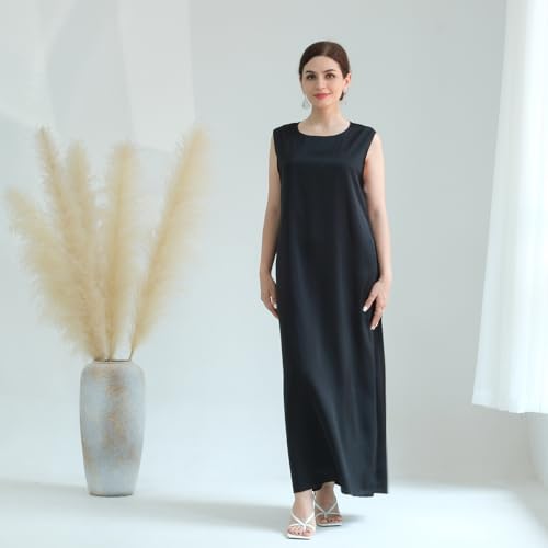 Ramadan Eid Prayer Abaya Dress for Women Muslim Islam Turkey Satin Sleeveless Slip Inner Under Loose Long Dress - color: Black, size: XX-Large