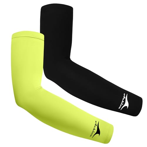 Achiou Cooling Ice Silk Arm Sleeves, Summer UV Sun Protection Compression Sleeves UPF 50+ for Women Volleyball Youth Sports - color: 2 Pairs: 1pair Black,1 Pair Fluorescent Yellow