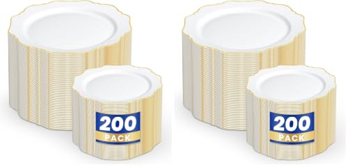 WDF 200PCS White and Gold Plastic Plates - Gold Plastic Plates - Include 100 Dinner & 100 Dessert Disposable Party Plate - Fancy Disposable Plate for Wedding/Baby Shower/Spring (Pack of 2) - color: White and Gold, size: 200 (Pack of 2)