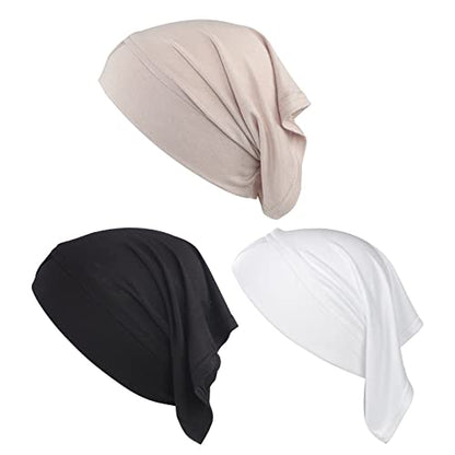 PURFUN 3 Pcs Muslim Inner Hijab Caps Women Solid Color Under Hijab Caps Stretchy Breathable Full Cover Undercap Tube Bonnet - color: White+black+beige