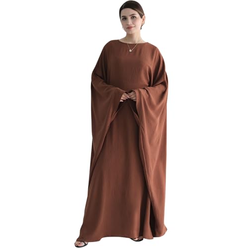 Women Muslim Abaya Dress 1Piece Bat Sleeve Islamic Maxi Robe Fashion Jilbab for Women Eid Kaftan Muslim Robe - color: Browna, size: Large