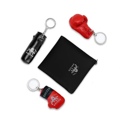Mini Boxing Glove & Punching Bag Keychain Set – PU Leather Keyring Sports Lovers Gift & Gifts For Men (3 pcs) - color: Red and Black