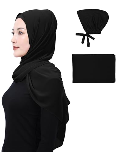 Matched Hijab and Undercap Set, Chiffon Muslim Head Scarf for Women, A Perfectly Decent Combination - color: Black