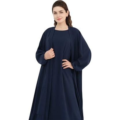 Women Muslim Abaya Dress 2PCS Soft Flowing Cardigan Dress Set Islamic Dubai Modest Kaftan Prayer Robe - color: Navy, size: X-Large