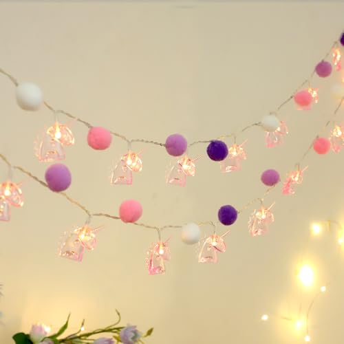 ChiRee Pom Poms String Lights with Unicorn Fairy Lights - color: Purple Pompoms-Pink Unicorn