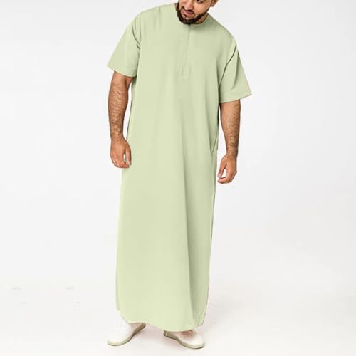 Muslim Thobe for Men Islamic Robe Kaftan Long Sleeve Jubba Arabic Gown Cotton Linen Loose Fit Ramadan A20 - color: Green, size: Large