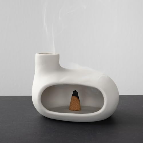 MOUGIGI Modern Palo Santo Holder Ceramic Burner for Meditation and Energy Cleansing - Handcrafted Smudge Bowl for Wood Sticks, Sage, and Incense Cones - color: Matte Clay -White