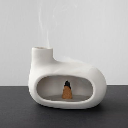 MOUGIGI Modern Palo Santo Holder Ceramic Burner for Meditation and Energy Cleansing - Handcrafted Smudge Bowl for Wood Sticks, Sage, and Incense Cones - color: Matte Clay -White