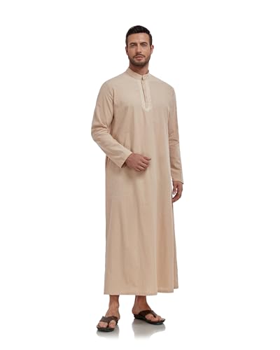 Jacansi Men's 65% Cotton 35% Linen Kaftan Robe, Henley Button Down Thobe, Long Sleeve Casual Gown with Pockets - color: Khaki, size: XX-Large