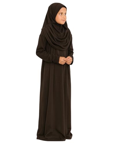 Prien Kids Prayer Dress Muslim Clothes for Girls Long Sleeve Abaya with Hijab Two Piece Maxi Islamic Set Scarf Kaftan Jilbab - color: Brown