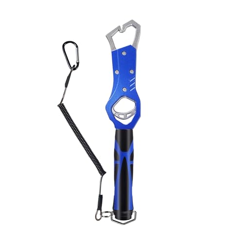 Eupheng 11.8'' Heavy-Duty Fish Gripper with Scale Rustproof Aluminum Body, Non-Slip Rubber Handle, Built-in Weight Estimator & Wrist Lanyard - color: Blue