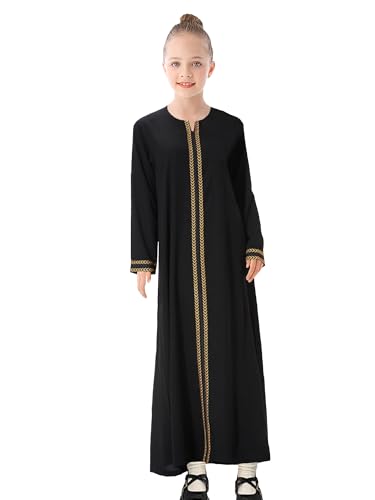 WSPLYSPJY Kids Girls Gold Embroidered Muslim Dress Abaya Long Sleeve Eid Robe Prayer Clothes - color: Black, size: 9-10 Years