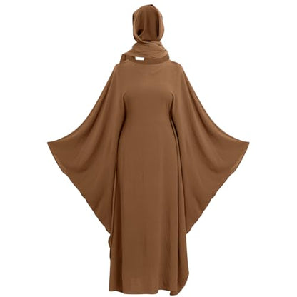 ODIZLI Abayas For Women Muslim Dubai Full Cover Kaftan Shirt Dress Batwing Sleeve Prayer Dress With Hijab - color: Coffee + Hijab, size: One Size