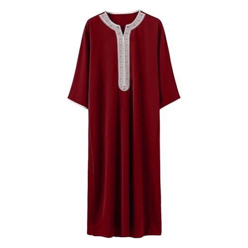Lmdudan Men Islamic Kaftan Robe - Men's Long Sleeve Dubai Clothes - Men Muslim Robe Eid Muslim Thobe Abaya Robes with Pocket - color: Red, size: Medium