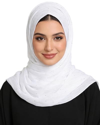 JUMISEE Sparkly Rhinestone Hijab Scarf for Women Glitter Wrinkle Chiffon Muslim Instant Hijab Long Scarves Head Wrap Shawls - color: White