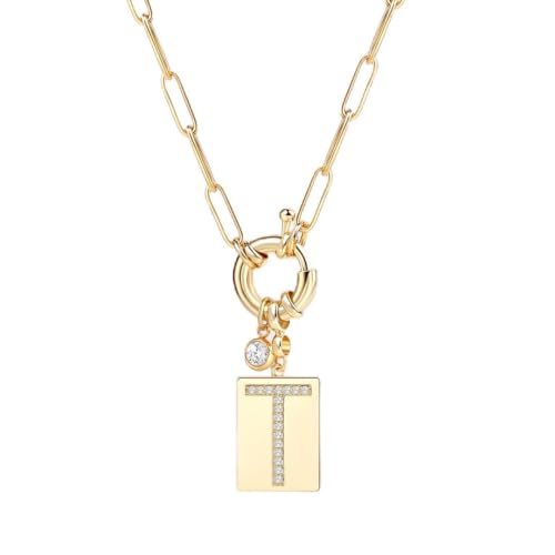 Mint & Lily Gold Initial Necklace for Women – 18K Gold Plated 24” Paperclip Chain with Sparkling Letter Pendant - style: Letter: T