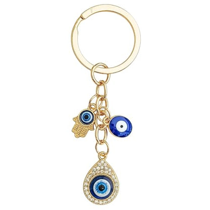 Blue Evil Eye Keychain Hamsa Hand Protection Keyring Good Luck Amulet for Purse Keys,Spiritual Gift for Women Men - color: Gold-2