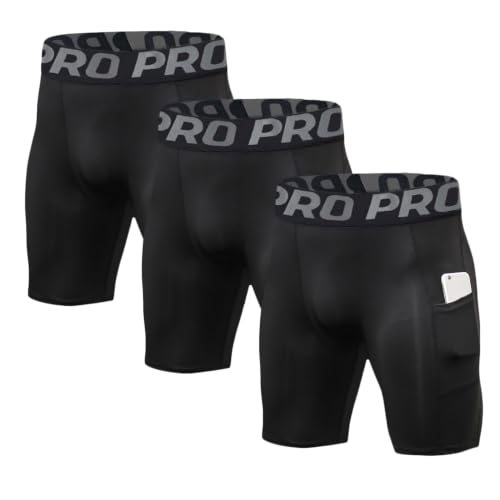 LANBAOSI Mens Compression Shorts with Phone Pocket Running Gym Yoga Athletic Tights Baselayer Summer Cool Dry Underwear Pack - color: Black*3, size: Medium