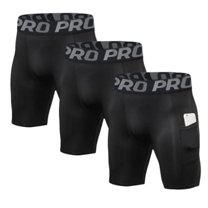 LANBAOSI Mens Compression Shorts with Phone Pocket Running Gym Yoga Athletic Tights Baselayer Summer Cool Dry Underwear Pack - color: Black*3, size: Large