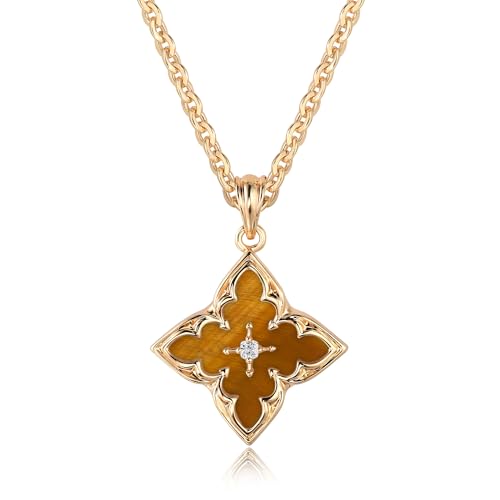 Gold Necklace for Women Charm Clover Pendant Gold Statement Necklaces - color: Brownish yellow