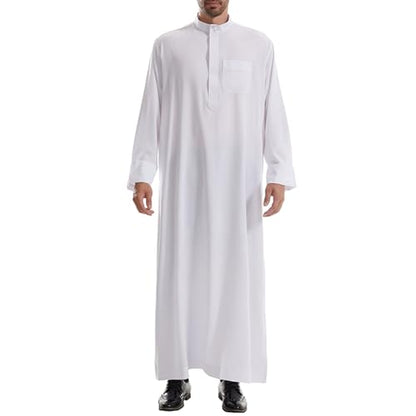 IKADEX Muslim Thobe for Men Islam Kaftan Long Sleeve Button Down Casual Henley Prayer Robe Clothing Dubai Arabic with Pockets - color: White, size: Large