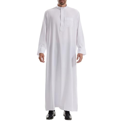 IKADEX Muslim Thobe for Men Islam Kaftan Long Sleeve Button Down Casual Henley Prayer Robe Clothing Dubai Arabic with Pockets - color: White, size: 3X-Large