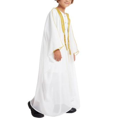 Toddler Boys Muslim Arabic Thobe Long Sleeve Embroidered Islamic Kaftan Teens Middle East Prayer Dress Ramadan Eid Clothes - color: White, size: 9-10 Years