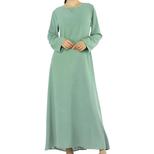 Women Abaya Muslim Dress Long Sleeve Modest Prayer Maxi Kaftan Islamic Clothes with Pockets - color: Light Green, size: X-Large