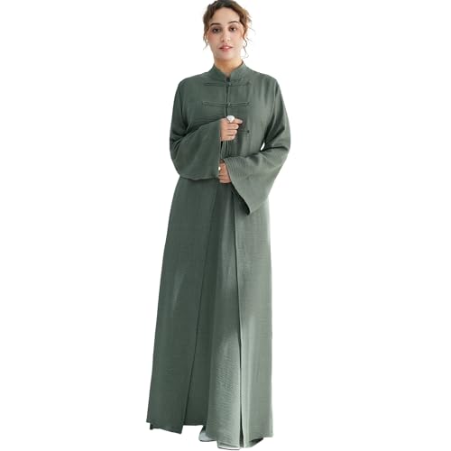 Lenmipot Elegant Middle Eastern Abaya 2pcs Stand Collar Maxi Dress for Women Muslim Jilbab Kaftan Eid Dubai Abaya Outfits - color: Grayish Greena, size: Medium