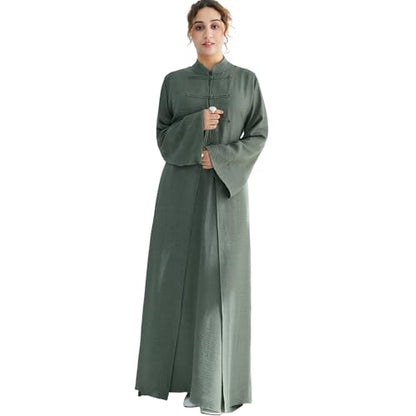 Lenmipot Elegant Middle Eastern Abaya 2pcs Stand Collar Maxi Dress for Women Muslim Jilbab Kaftan Eid Dubai Abaya Outfits - color: Grayish Greena, size: X-Large