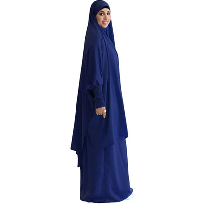 Muslim Women Abaya Two Pieces Set Prayer Dress Elasticated Sleeves Islamic Robe Modest Full Cover Prayer Clothes - color: Navy Blue