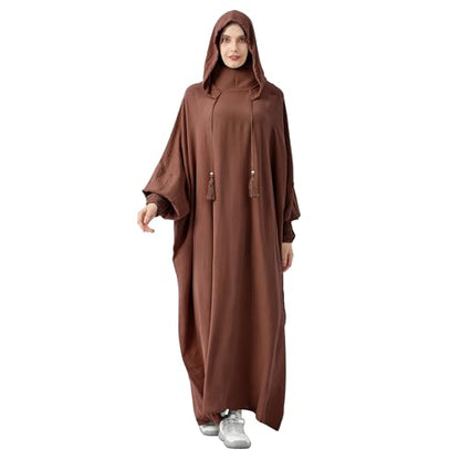 Abaya Muslim Dress Women Prayer Dress Long Sleeve Hooded Loose Maxi Dress Arabian Dubai Islamic Clothes - color: Brown
