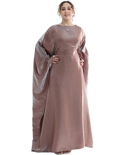 Dubai Bat Sleeve Dress Shiny Robe for Women Muslim 1pc Abaya Eid Prayer Clothes Soft Dubai Travel Party Dress Maxi Abaya - color: Dried Rosea, size: Large
