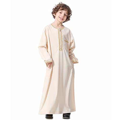 IBTOM CASTLE Robe for Boys Muslim Long Sleeve Thobe Abaya Saudi Arab Kaftan Islamic Zipper Arabic Dubai Dress With Pockets - color: Beige, size: 5-6 Years