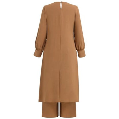 IDOPIP Abaya Dress for Women Muslim Set Long Sleeve Ramadan Islamic Dress Shirt with Pants 2PCS Dubai Prayer Casual Clothes - color: Khaki - Split, size: 3X-Large